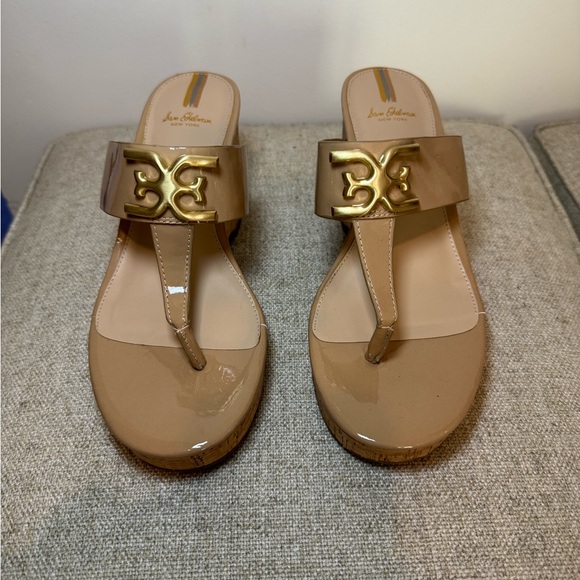 Brand New Sam Edelman Yardlie Patent Cork Wedge Sandals in Almond Patent - 7.5B - Picture 8 of 9